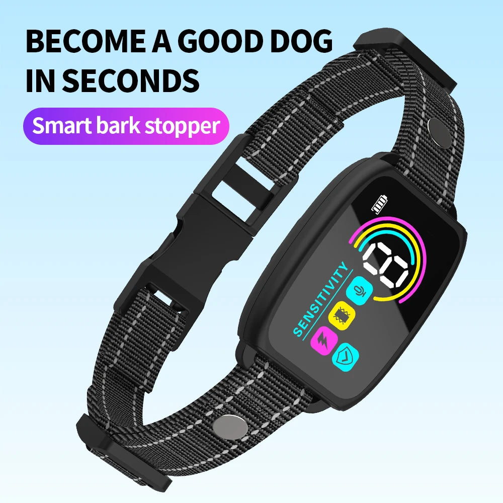 Coleira de cachorro com tela colorida, dispositivo automático antilatidos IP67 à prova d'água, recarregável, treinador de cães, antilatidos inteligente para cães de estimação