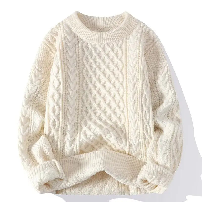 Suéter grosso de inverno masculino com gola redonda e pulôver de malha, cor sólida, manga comprida, casual, casaco quente para o dia a dia