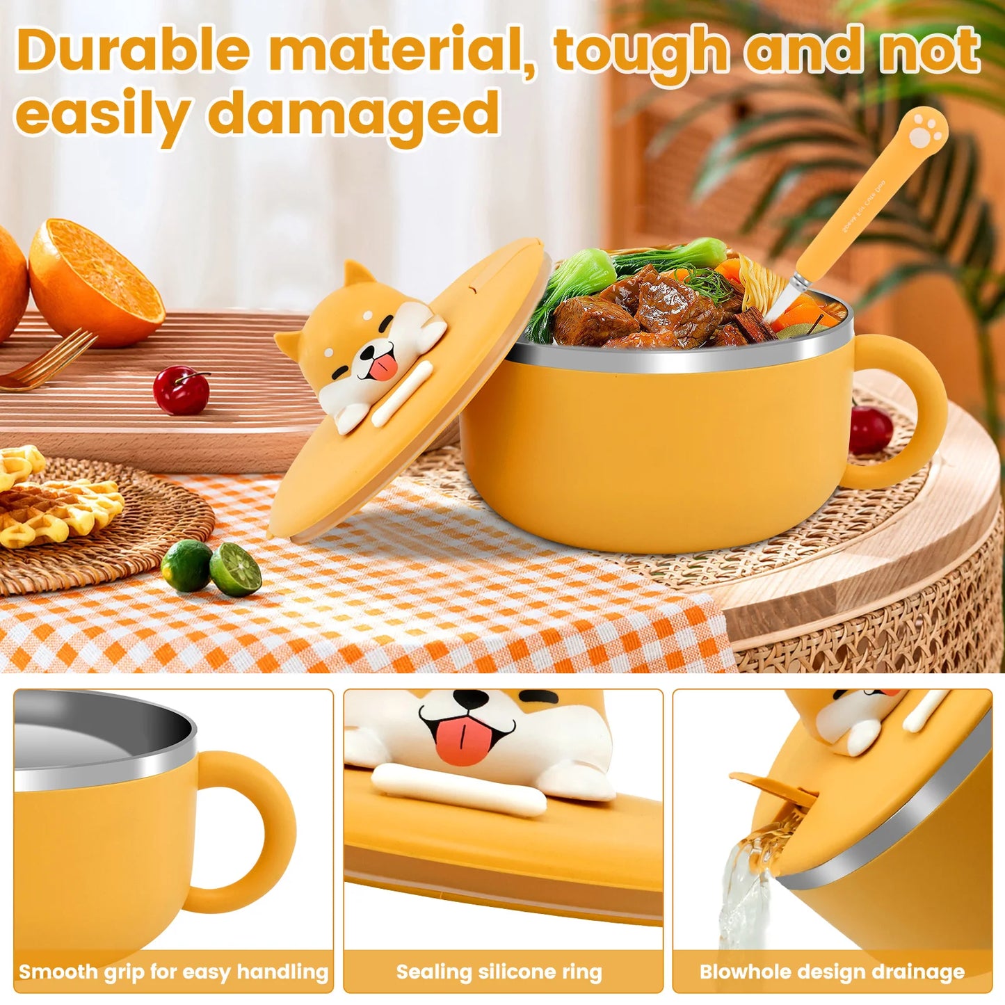 Tigela de macarrão instantâneo de aço inoxidável 1200ml com tampa resistente ao calor para macarrão instantâneo, utensílios de cozinha e utensílios de cozinha