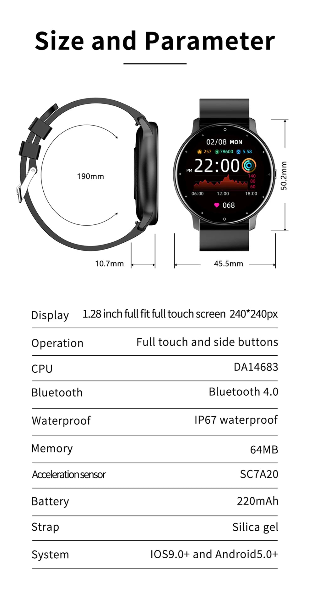 Relógio inteligente ZL02 com tela sensível ao toque, esportivo, fitness, IP67, à prova d'água, Bluetooth, recarregável, presente para homens e mulheres