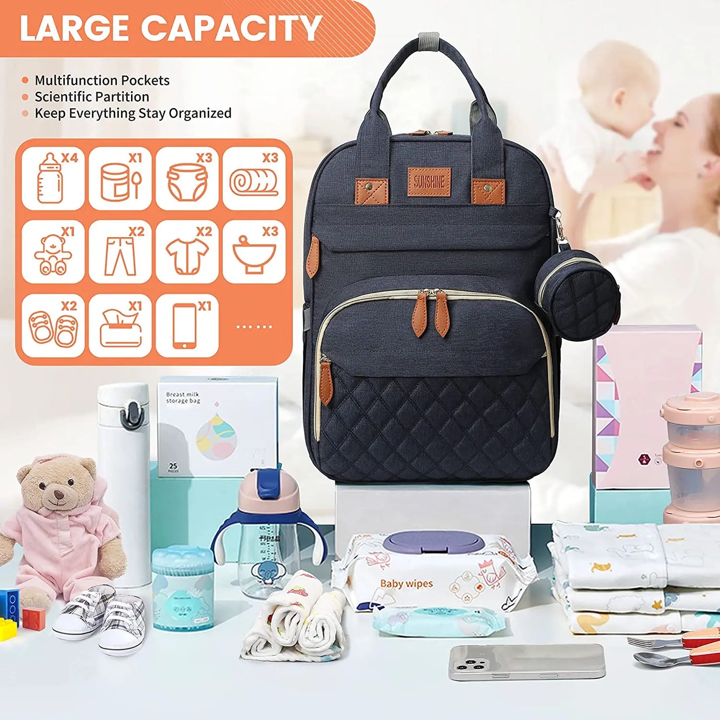 Mochila para fraldas 3 em 1, dobrável, para berço de bebê, à prova d'água, com carregador USB, mochila para fraldas e trocador, 3 tipos