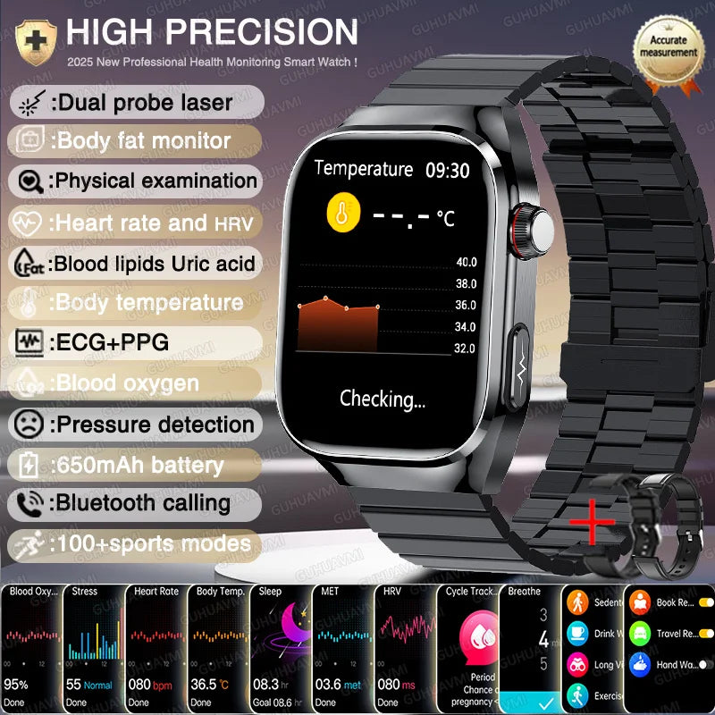 Novo relógio inteligente para Android e iOS, monitor de saúde, masculino e feminino, com precisão de ECG e PPG para ácido úrico e pressão arterial, análise de órgãos e corpo, 2025
