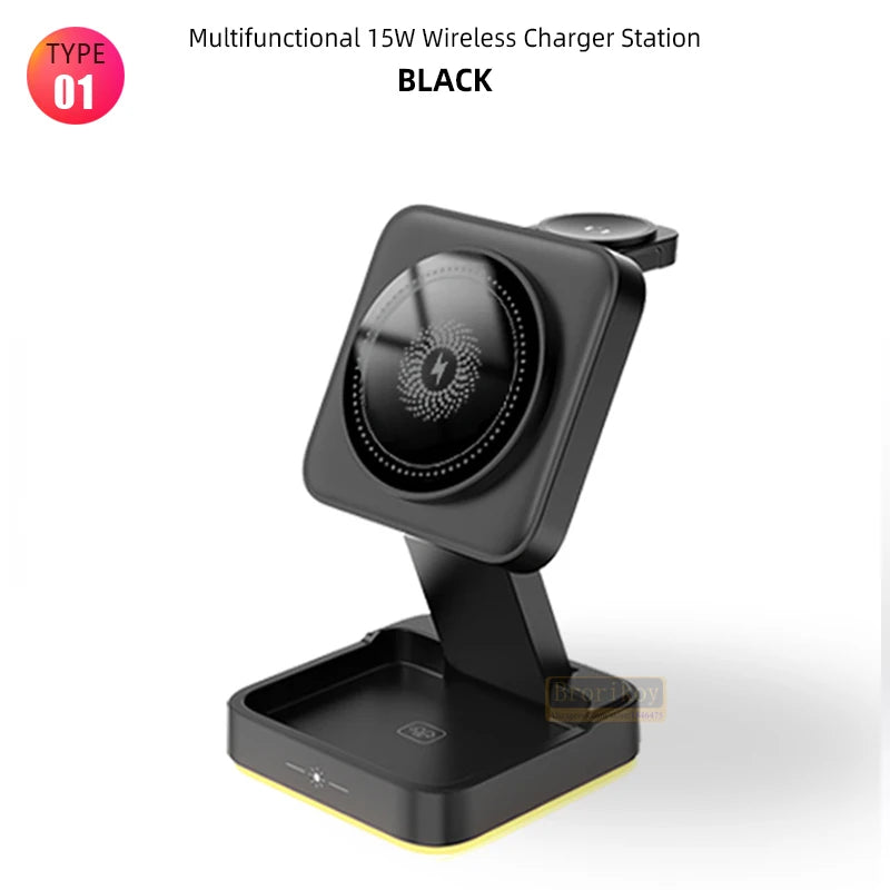 Suporte magnético dobrável 3 em 1 para carregador sem fio para iPhone 16, 15, 14, 13, 12, iWatch 9, AirPods 3 e 2, suporte para estação de carregamento rápido