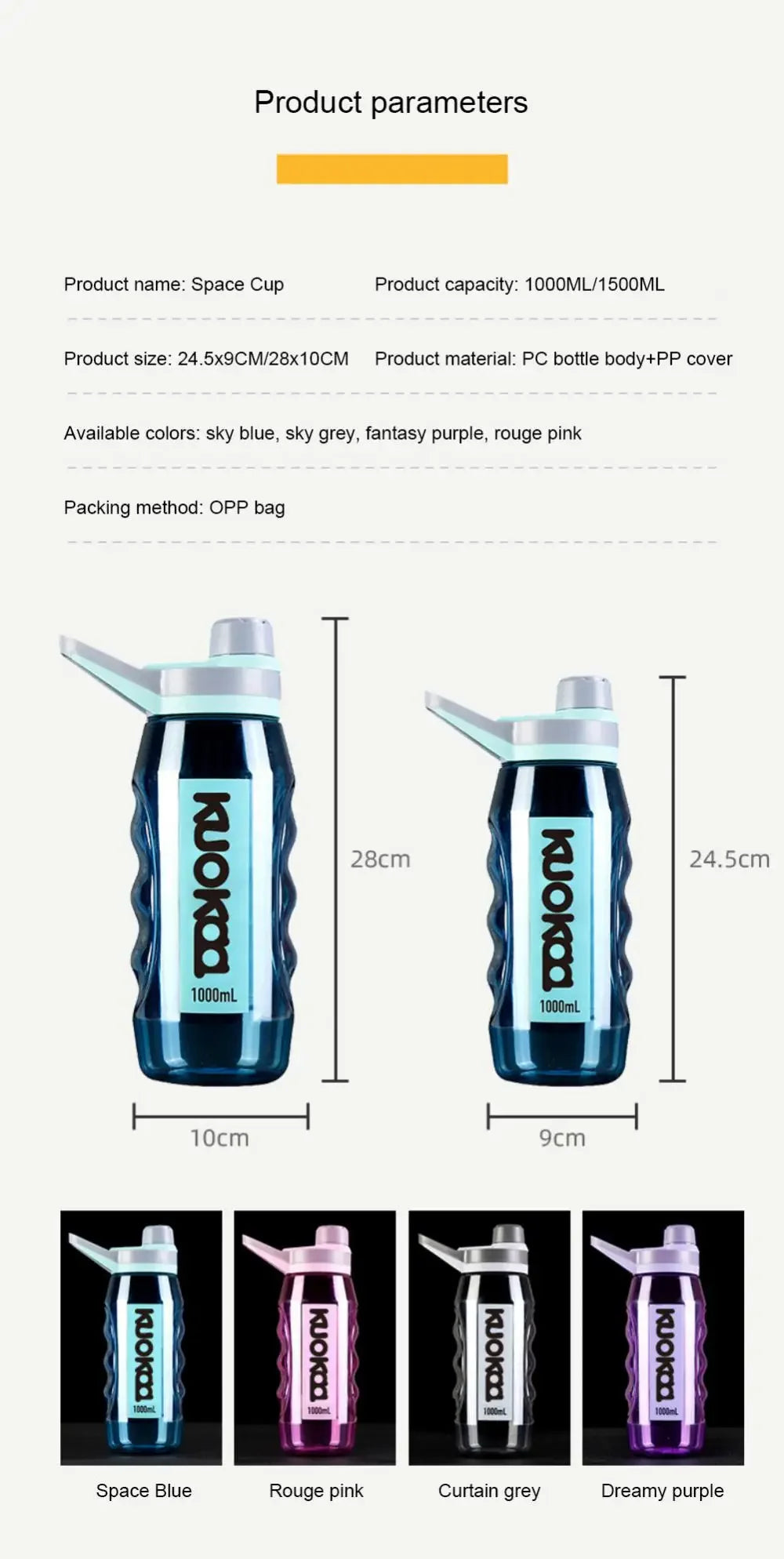 Copo de água à prova de vazamento de 1/1,5L, garrafa de água de plástico ecológico, garrafa esportiva, grande capacidade, garrafa de água de viagem flip