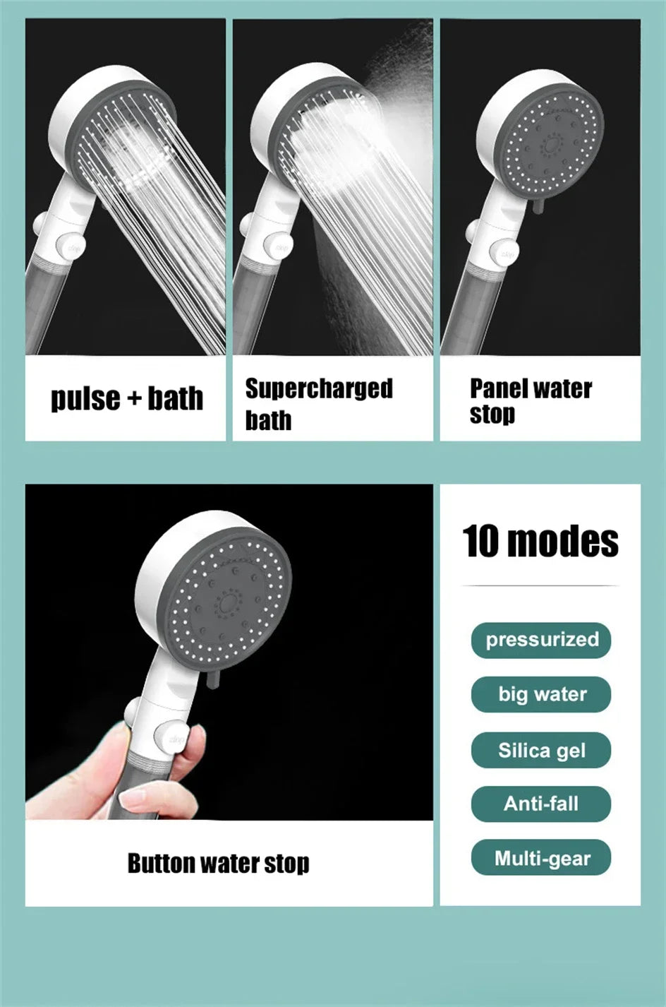 Chuveiros de alta pressão com filtro de 10 modos, parada de um toque, pulverizador portátil para economia de água, acessórios para banheiro