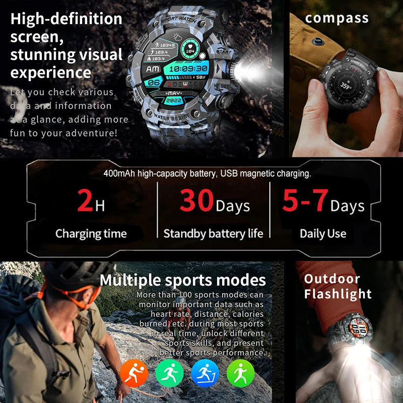 Novo relógio inteligente esportivo robusto para atividades ao ar livre 2025, masculino, com chamada Bluetooth, colorido, IP68, à prova d'água, bússola militar, relógio inteligente, lanterna