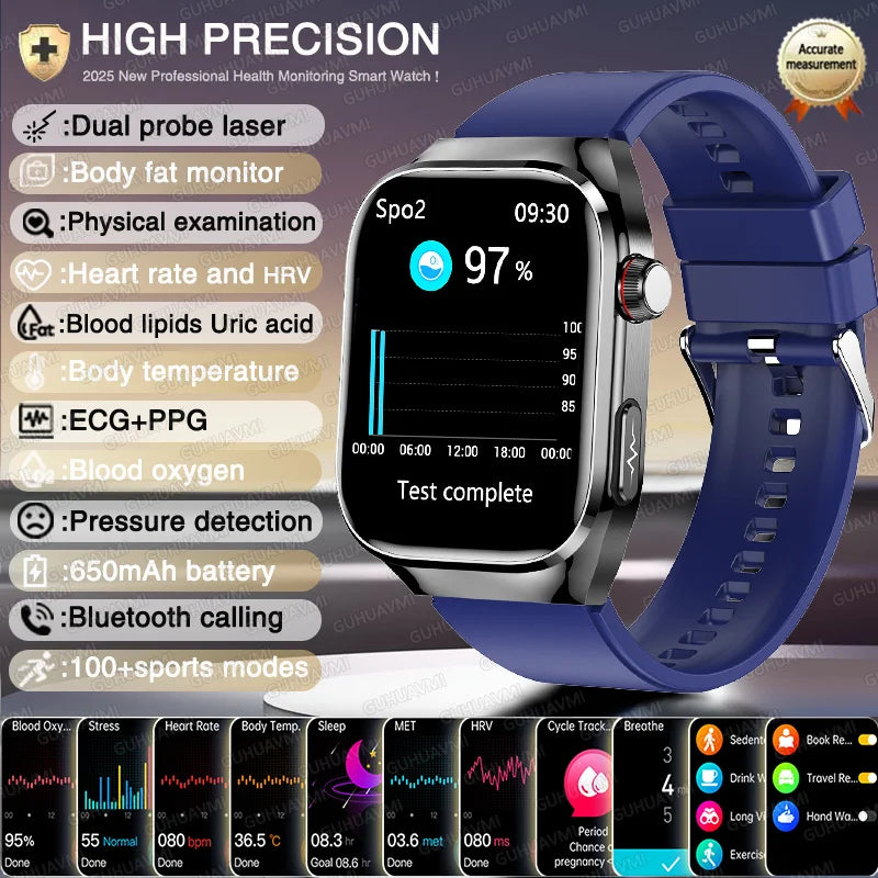 Novo relógio inteligente para Android e iOS, monitor de saúde, masculino e feminino, com precisão de ECG e PPG para ácido úrico e pressão arterial, análise de órgãos e corpo, 2025