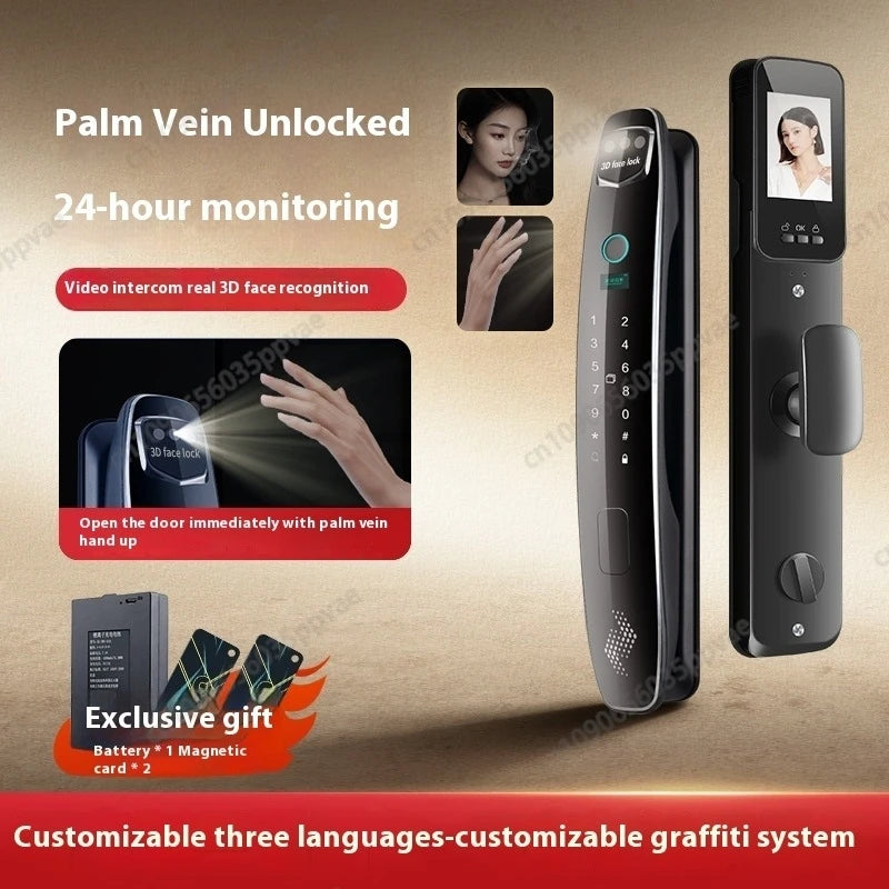 Fechadura de porta inteligente com reconhecimento facial 3D, anti-arrombamento e anti-arrombamento, totalmente automática, trava de impressão digital com senha, interfone, fechadura de porta inteligente