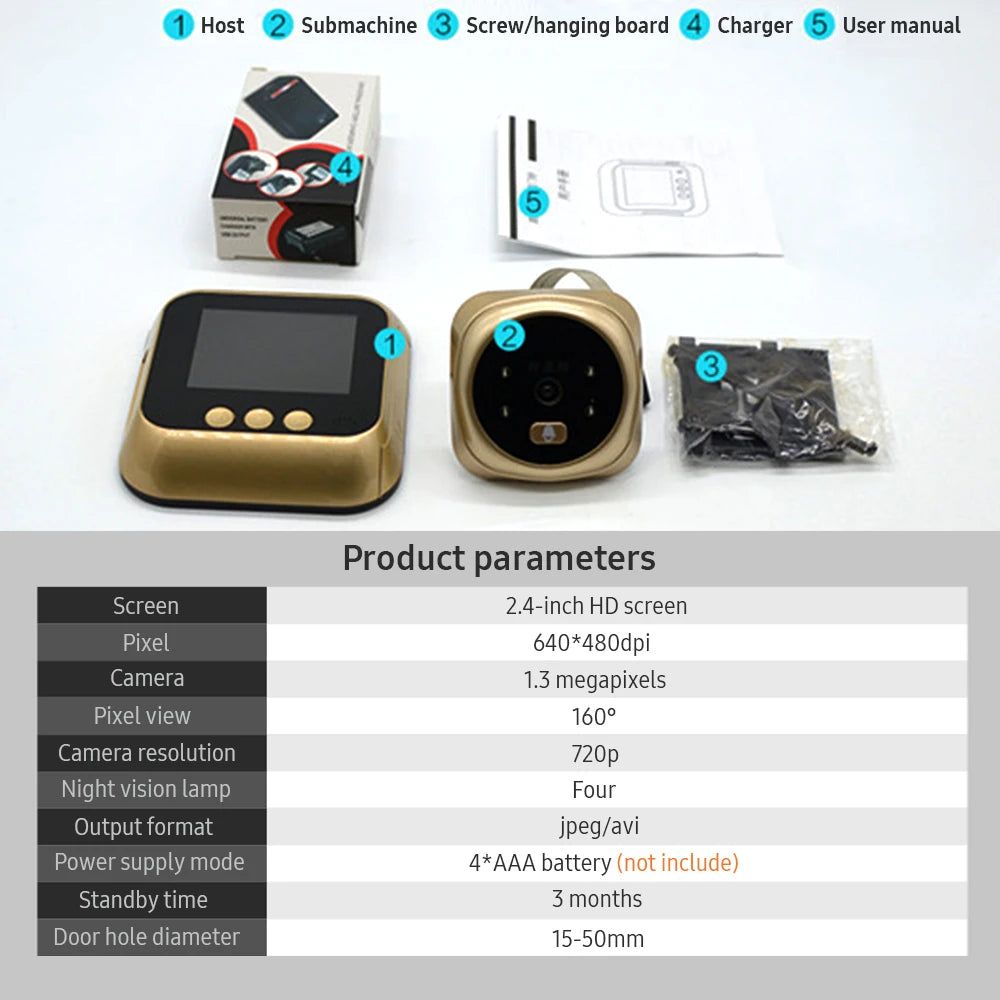 Campainha com câmera de porta WiFi e monitor sem fio, visão ao vivo, visão noturna, fotografia, monitoramento digital de porta (sem bateria)