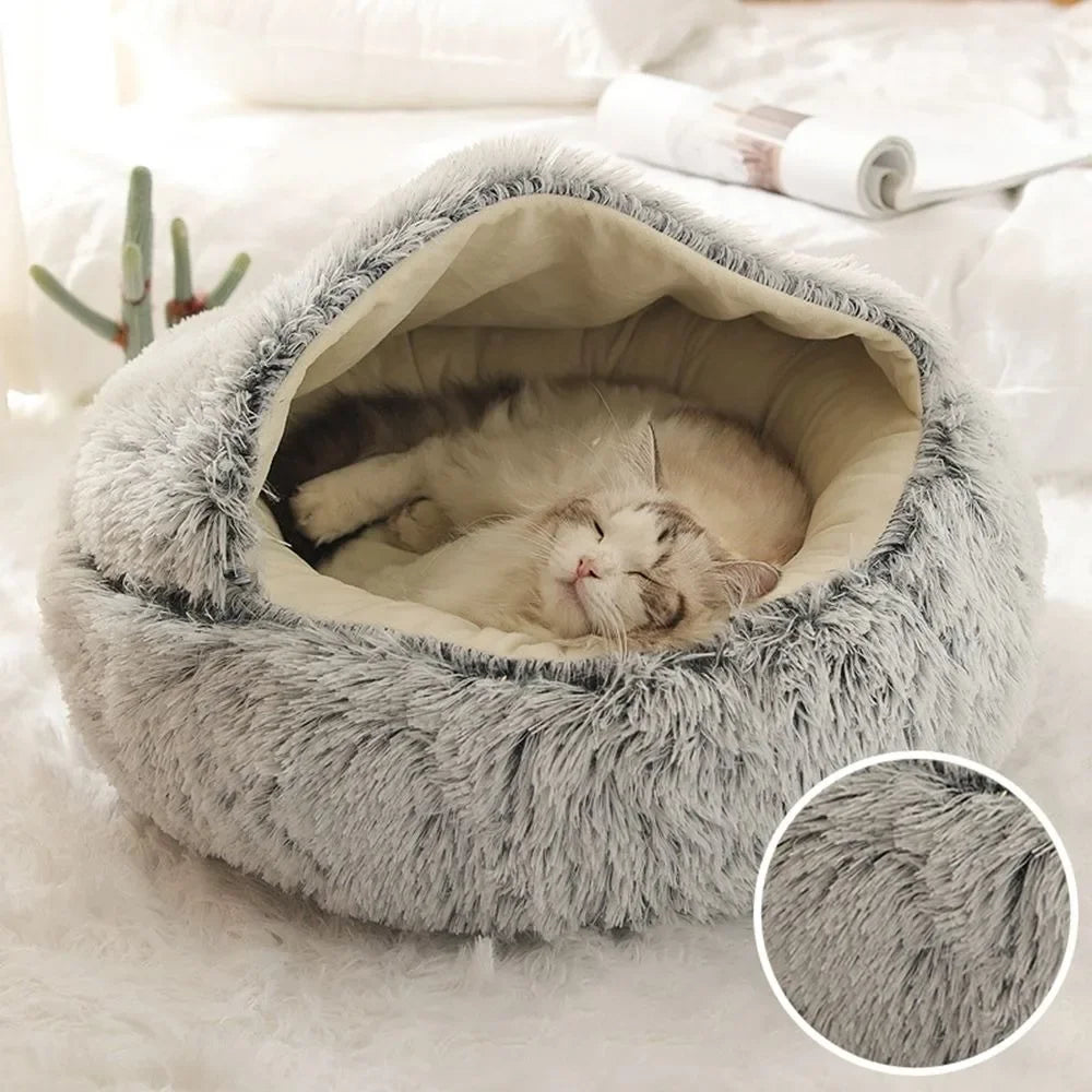 Cama de pelúcia longa e macia para animais de estimação, fechada, redonda, almofada para gatos, confortável, saco de dormir, ninho para gatos, canil para pequenos animais de estimação