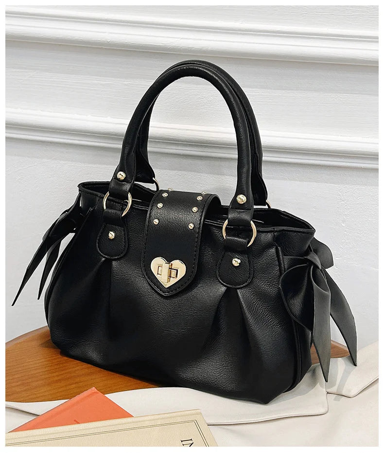 Bolsa de mão rosa com laço doce Lolita, bolsa feminina Harajuku Love Heart, bolsa transversal macia, bolsa de ombro feminina Kawaii de grande capacidade