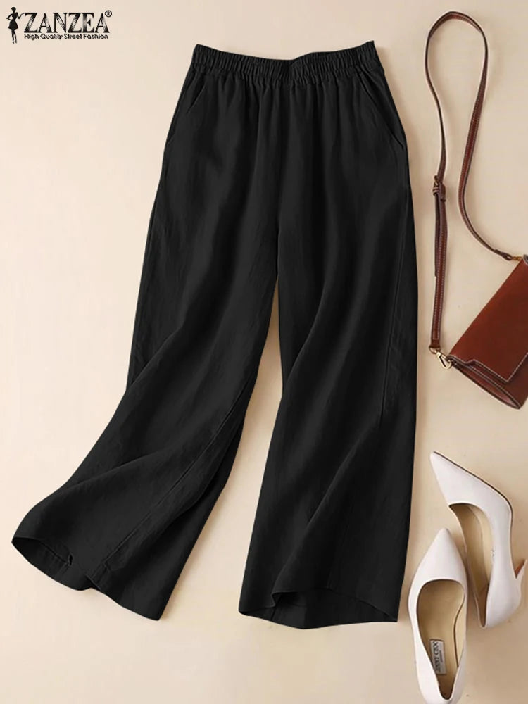 Calças femininas ZANZEA de verão com pernas largas, de algodão, para primavera, soltas, com cintura elástica, estilo palazzo, da moda 2023, lisas, casuais, compridas