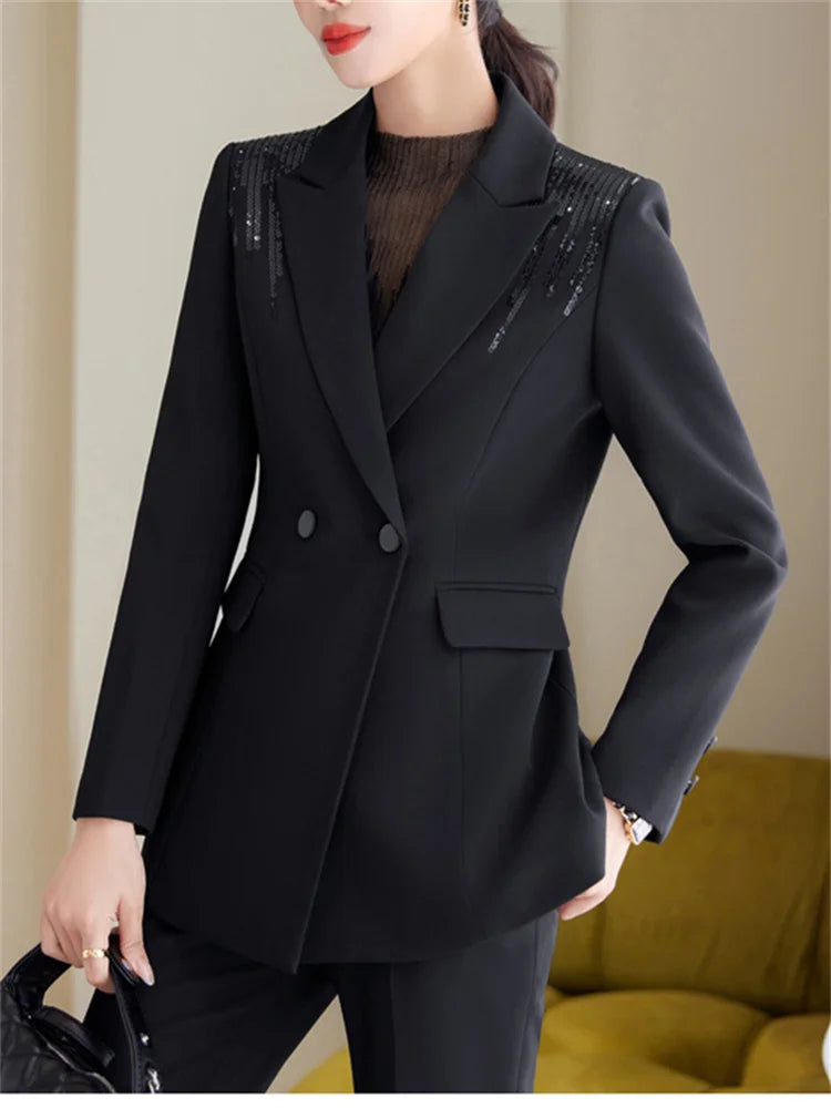 Yitimuceng Conjunto de 2 peças feminino para escritório, nova moda 2025, blazers de manga comprida com lantejoulas, calças flare de cintura alta chiques