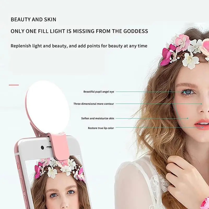 Luz de preenchimento universal para selfies em celulares, lâmpada LED portátil para vídeos ao vivo, acessórios para smartphones e iPhone, luz com clipe de carregamento USB