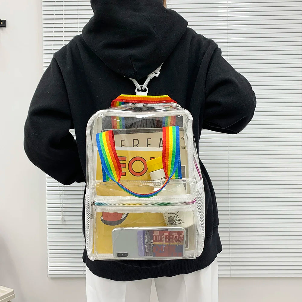 Mochila transparente de PVC para esportes ao ar livre, fitness, casual, viagem, visível, grande capacidade, à prova d'água, alça superior, mochila escolar