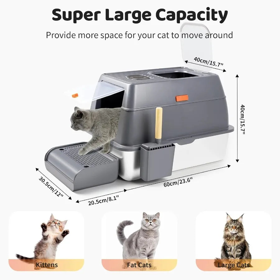 XXL Stainless Steel Enclosed Litter Box with Lid 23.6L x 15.7W x 15.7H for Large Cats High Sided Top Entry Design with Removabl