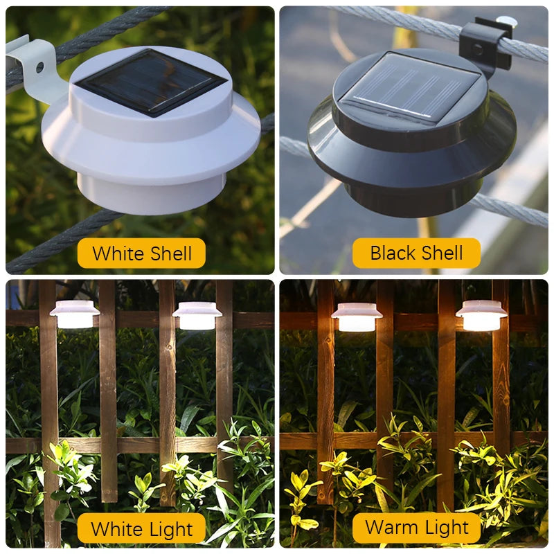 Luminária de parede à prova d'água com energia solar 3LED para calha, luz noturna branca e quente para cerca, caminho de jardim, luminária LED decorativa para acampamento