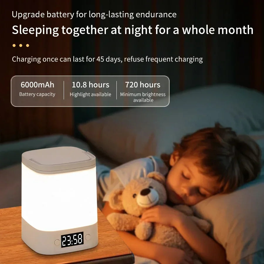 Lâmpada noturna LED com controle remoto e display de hora ou sem proteção para os olhos, lâmpada de leitura, luz noturna de cabeceira recarregável