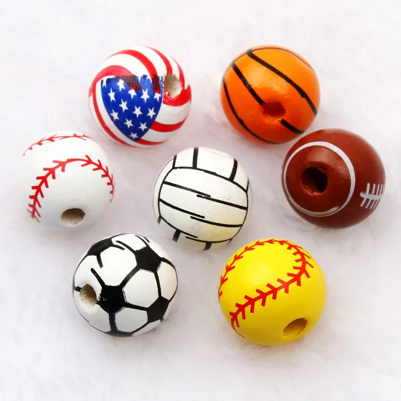 10 peças de contas espaçadoras de beisebol de basquete de 16 mm, bolas redondas de madeira para fazer pulseiras e colares, suprimentos para joias faça você mesmo
