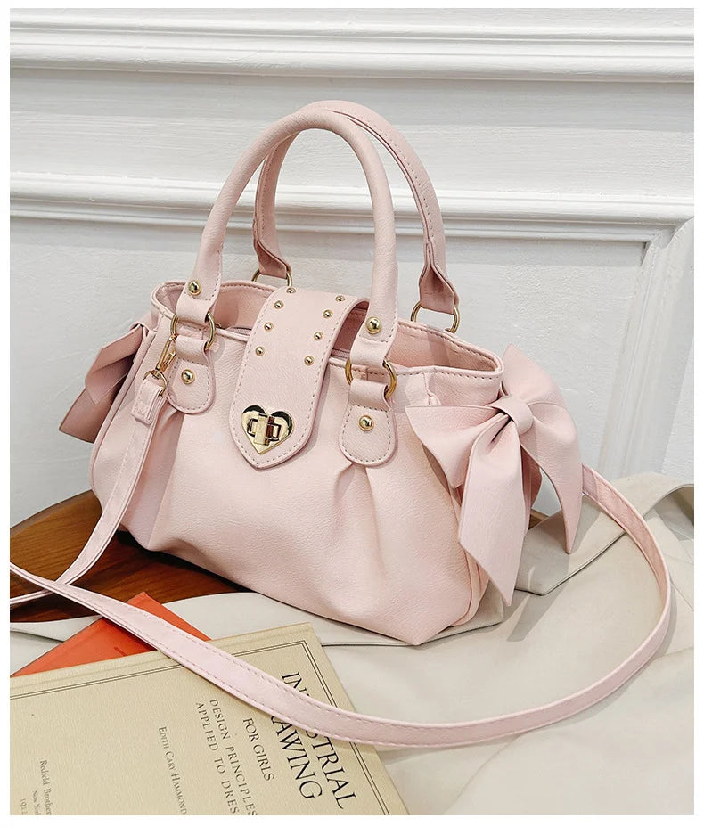 Bolsa de mão rosa com laço doce Lolita, bolsa feminina Harajuku Love Heart, bolsa transversal macia, bolsa de ombro feminina Kawaii de grande capacidade