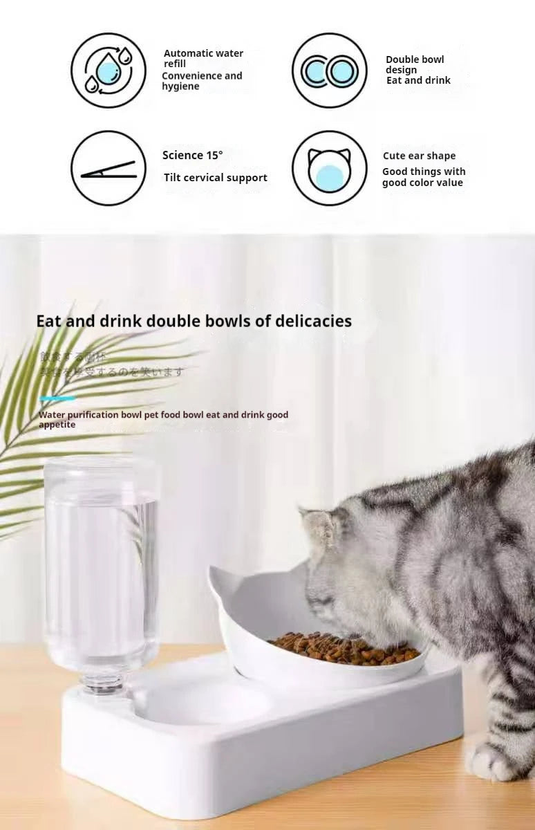 Tigelas duplas para cães e gatos, tigelas para água e comida inclinadas 15 graus, tigelas elevadas para gatos com garrafa de água automática - alimentador para animais de estimação