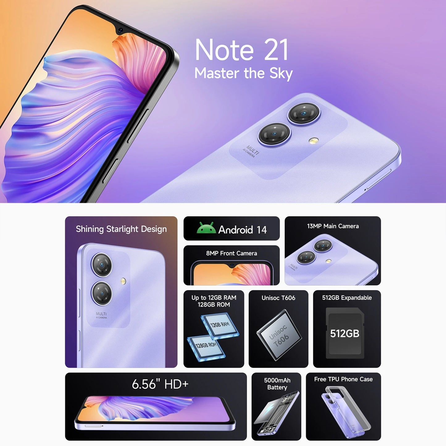 Smartphone Ulefone Note 21 6,56" 90Hz 5000mAh Bateria 4GB+128GB Unisoc T606 Câmera 13MP 4G Android 14 Celular