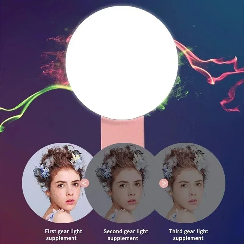 Luz de preenchimento universal para selfies em celulares, lâmpada LED portátil para vídeos ao vivo, acessórios para smartphones e iPhone, luz com clipe de carregamento USB