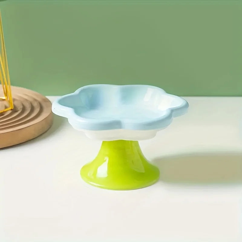 Tigela de cerâmica para animais de estimação com design de flores, tigela para comida de gato, prato de água com pé alto, prato para lanche com suporte para proteção do pescoço, água potável