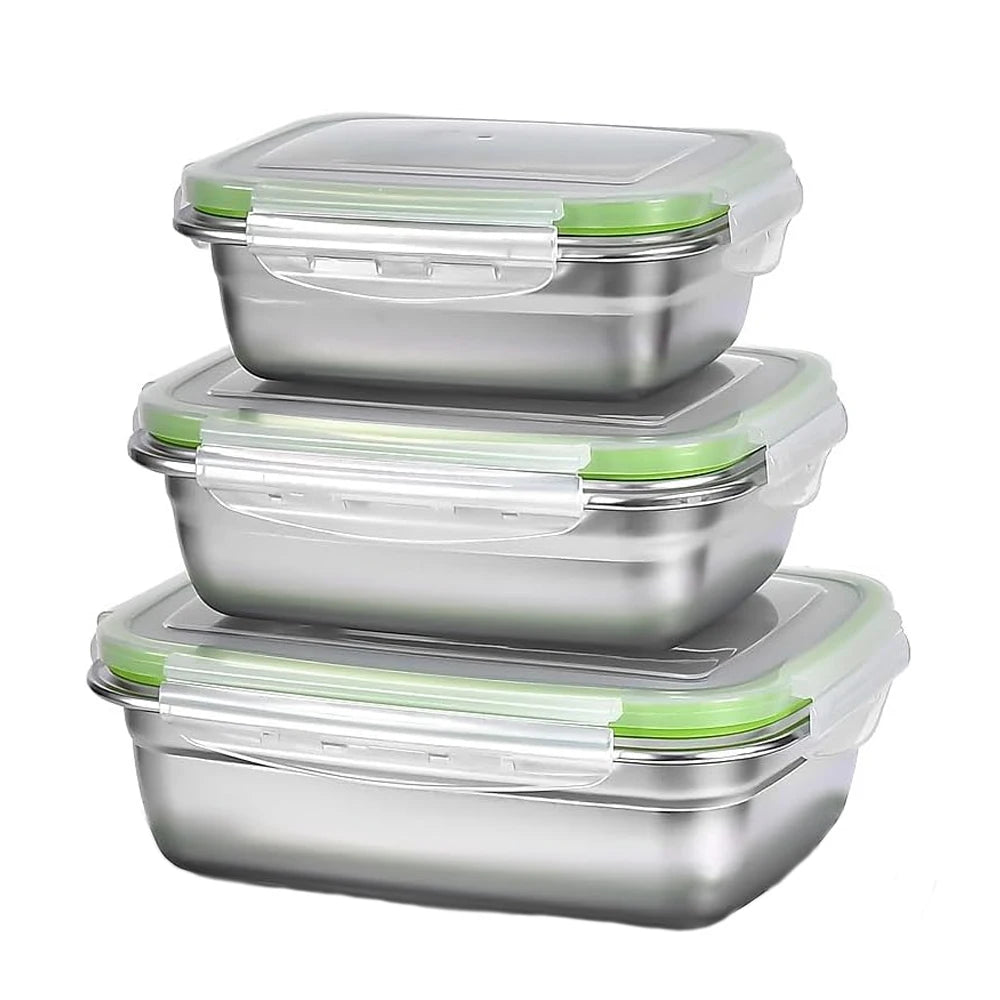 Recipiente para armazenamento de alimentos em aço inoxidável 304, grau alimentício, conjunto de 1/3, lancheira, tampa de silicone à prova de vazamentos, lavável na máquina de lavar louças, caixa Bento