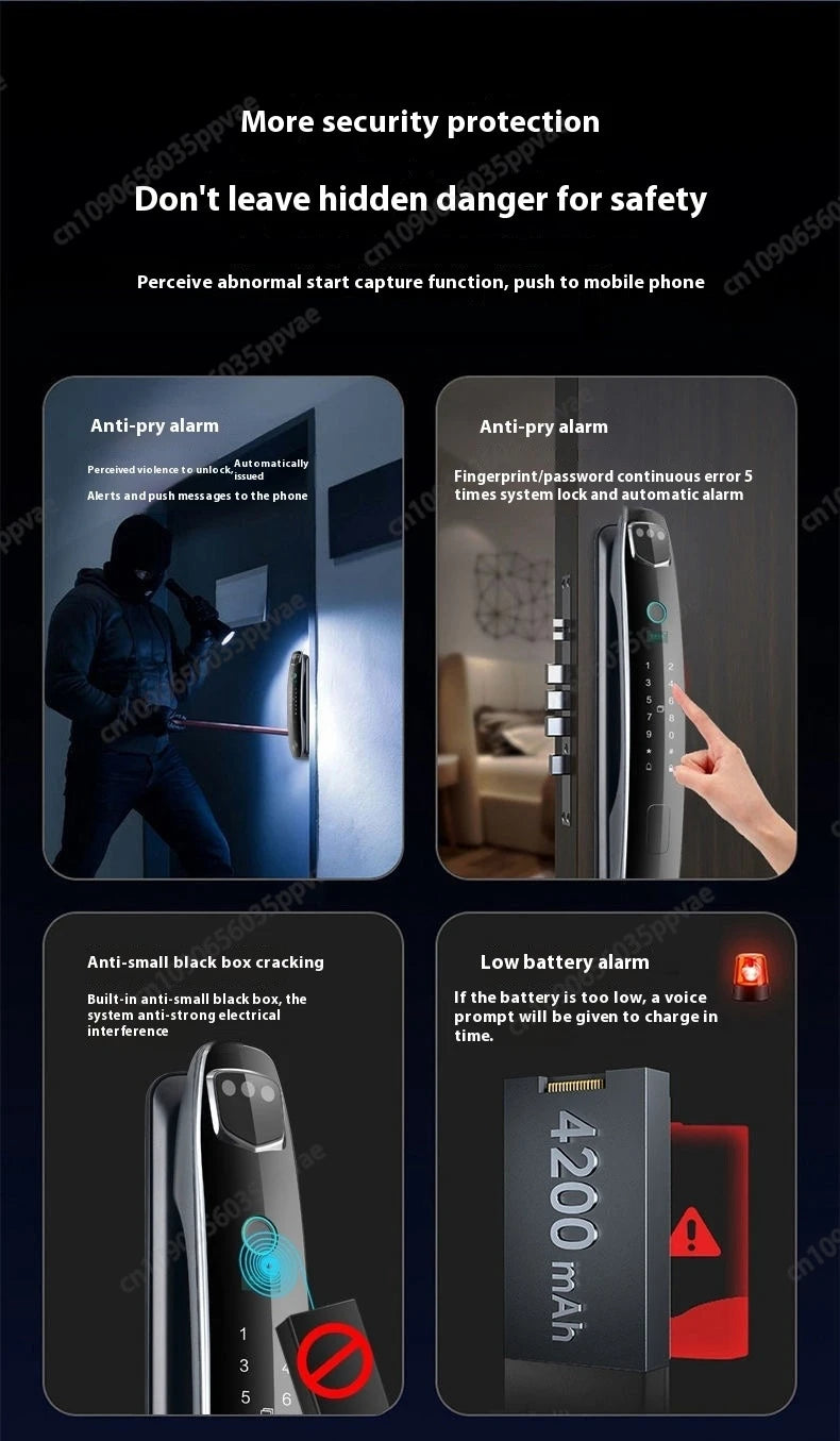 Fechadura de porta inteligente com reconhecimento facial 3D, anti-arrombamento e anti-arrombamento, totalmente automática, trava de impressão digital com senha, interfone, fechadura de porta inteligente