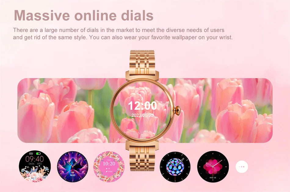 Relógio inteligente feminino moderno com tela AMOLED de 1,04 polegadas, tela sempre exibida, chamada Bluetooth, corpo de metal, tela pequena