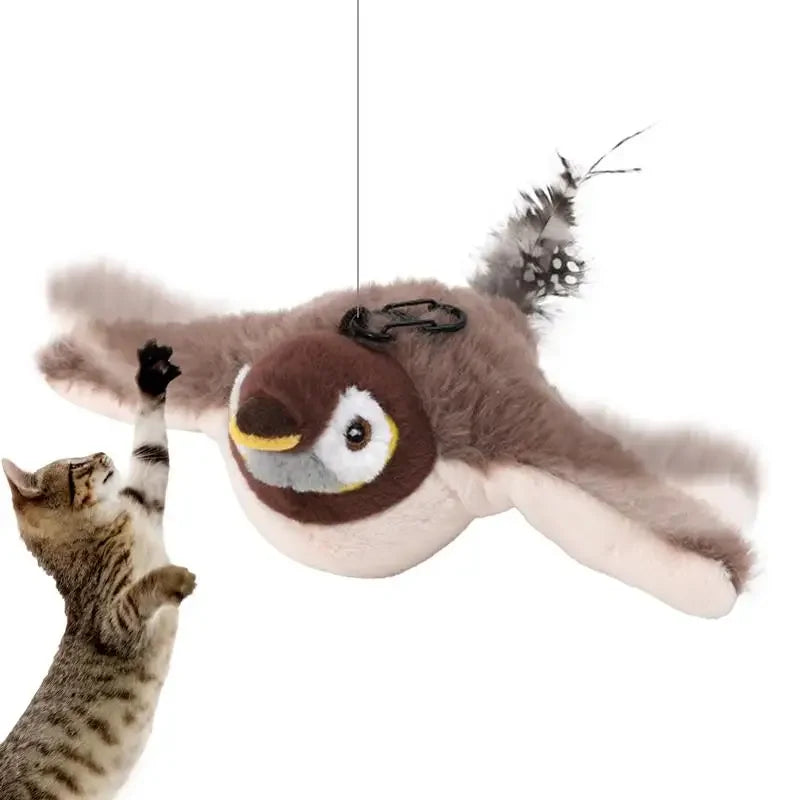 Brinquedo de pássaro cantando para gatos, brinquedo interativo de pássaro simulado, pardal, brinquedo de pássaro voador recarregável por USB para gatos domésticos
