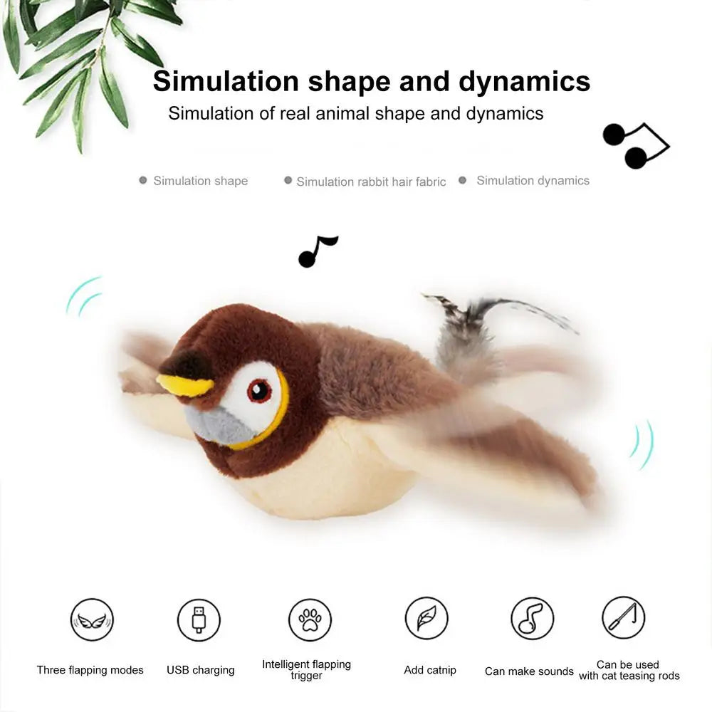 Brinquedo de pássaro cantando para gatos, brinquedo interativo de pássaro simulado, pardal, brinquedo de pássaro voador recarregável por USB para gatos domésticos