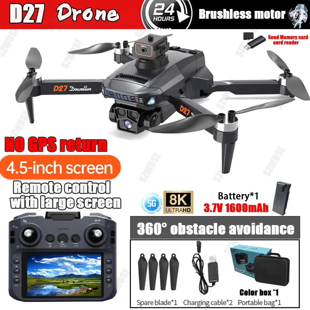 Novo drone D27 2025 com tela, controle remoto, câmera profissional 8k, fotografia aérea de quatro eixos, 5G, WIFI, GPS, FPV, drone RC 5000M
