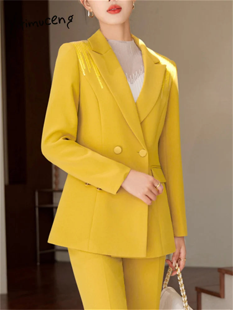 Yitimuceng Conjunto de 2 peças feminino para escritório, nova moda 2025, blazers de manga comprida com lantejoulas, calças flare de cintura alta chiques