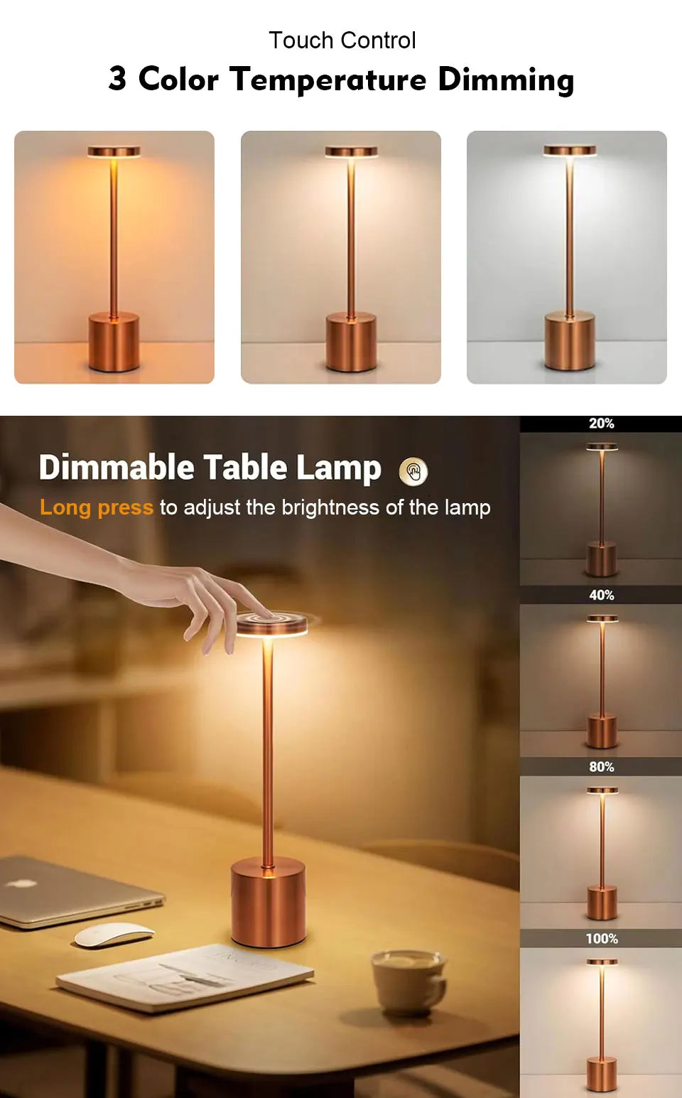 Abajur de mesa USB recarregável sem fio, abajur com luz noturna sensível ao toque, decoração para casa, abajur retrô portátil para quarto