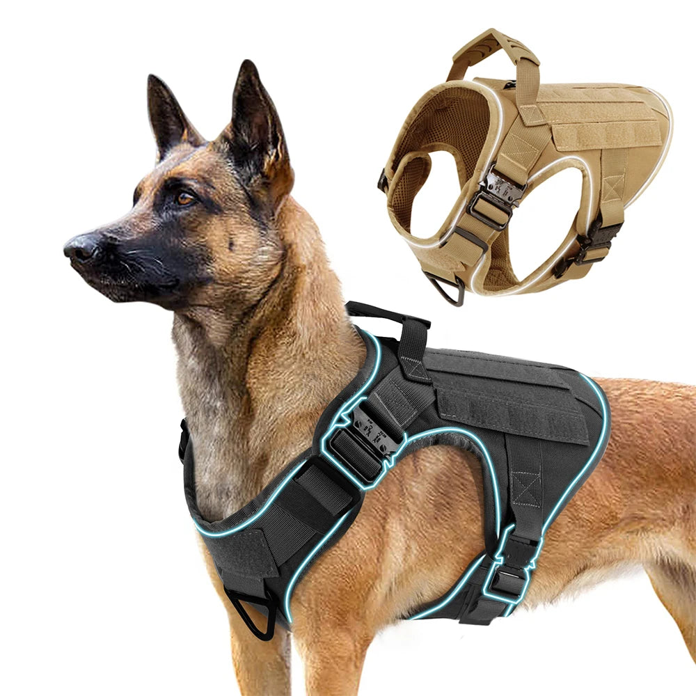 4 fivelas de metal para cães, colete refletivo tático militar para treinamento de animais de estimação, arreios sólidos com alça para cães grandes