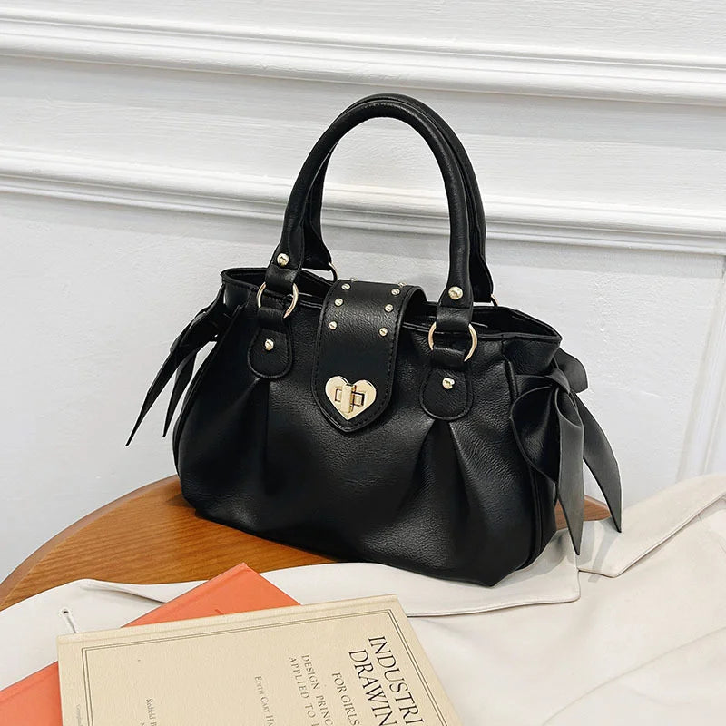Bolsa de mão rosa com laço doce Lolita, bolsa feminina Harajuku Love Heart, bolsa transversal macia, bolsa de ombro feminina Kawaii de grande capacidade