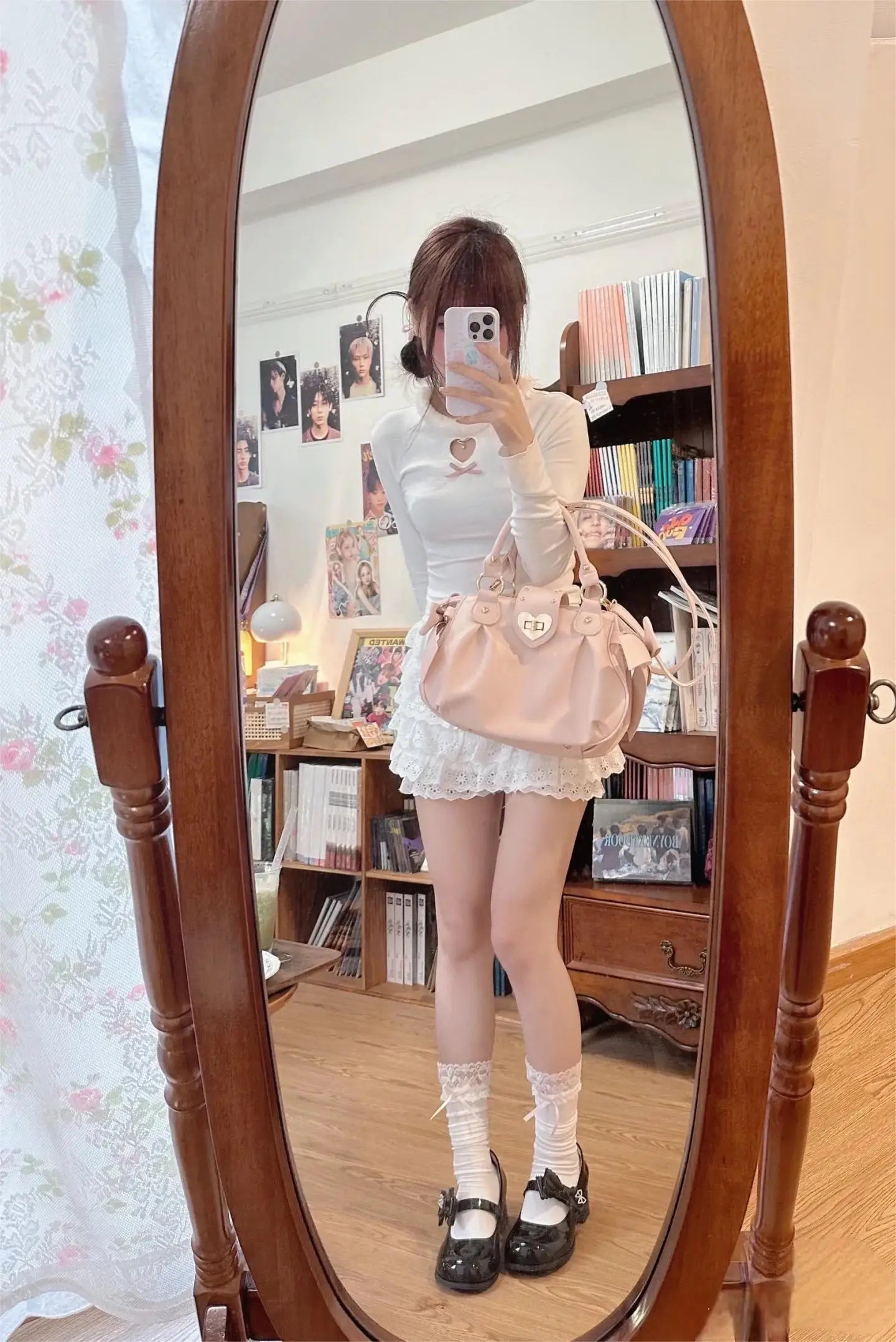 Bolsa de mão rosa com laço doce Lolita, bolsa feminina Harajuku Love Heart, bolsa transversal macia, bolsa de ombro feminina Kawaii de grande capacidade