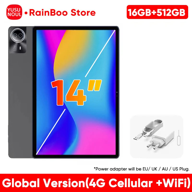 Tablet Android 14 de 14 polegadas com firmware global, tela FHD 2K, 16 GB e 512 GB, novo firmware global de 2025, compatível com Android 14, 5G e Wi-Fi, com suporte para GPS e laptop
