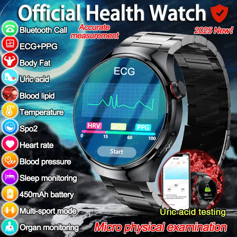 2025 para HUAWEI Precise ECG + PPG Ácido Úrico HD Smart Watch Masculino Lipídios no Sangue Frequência Cardíaca Pressão Arterial Esporte Chamada Saúde Smartwatch
