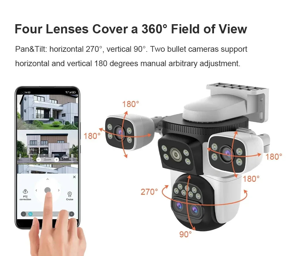 Câmera externa 10K com zoom óptico de 10X WiFi6, tela de 20MP rThree, quatro lentes PTZ, rastreamento automático, lente dupla 6K, à prova d'água, CFTV de segurança