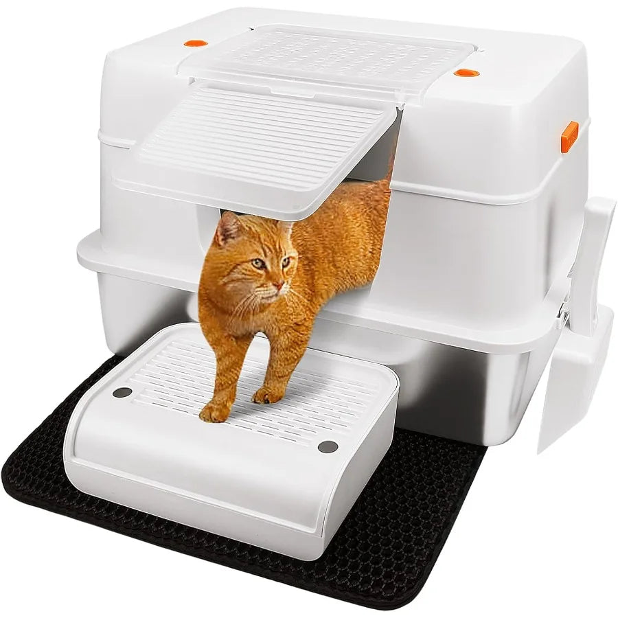 Caixa de areia extra grande de aço inoxidável com tampa para gatos grandes e gatinhos, design de entrada lateral com compartimento lateral alto removível