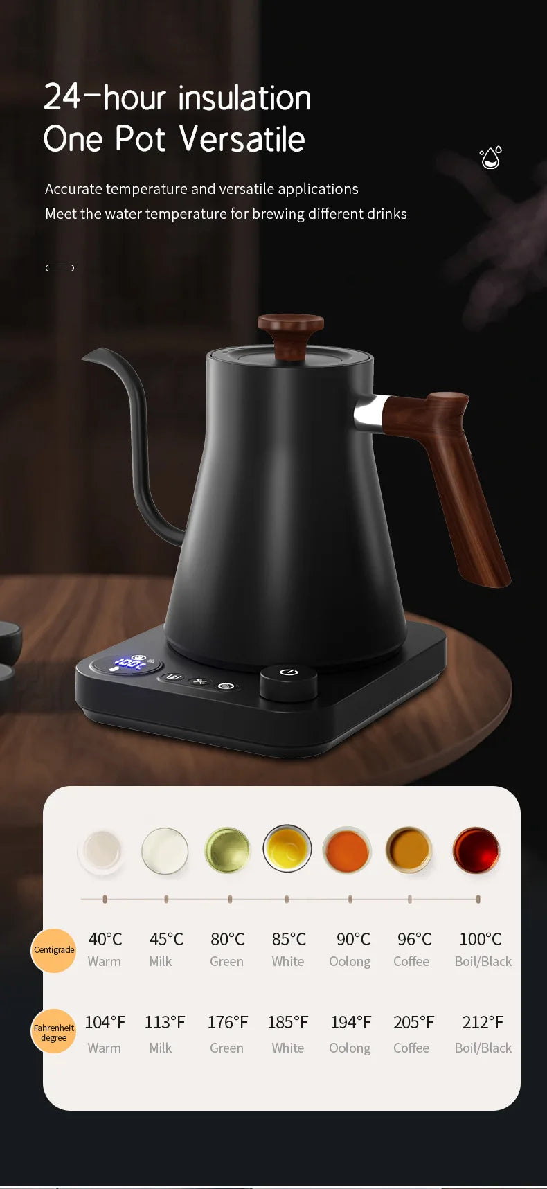 Chaleira elétrica de pescoço de ganso de 1200 W, chaleira para café, bule de chá com controle inteligente de temperatura constante, chaleira elétrica