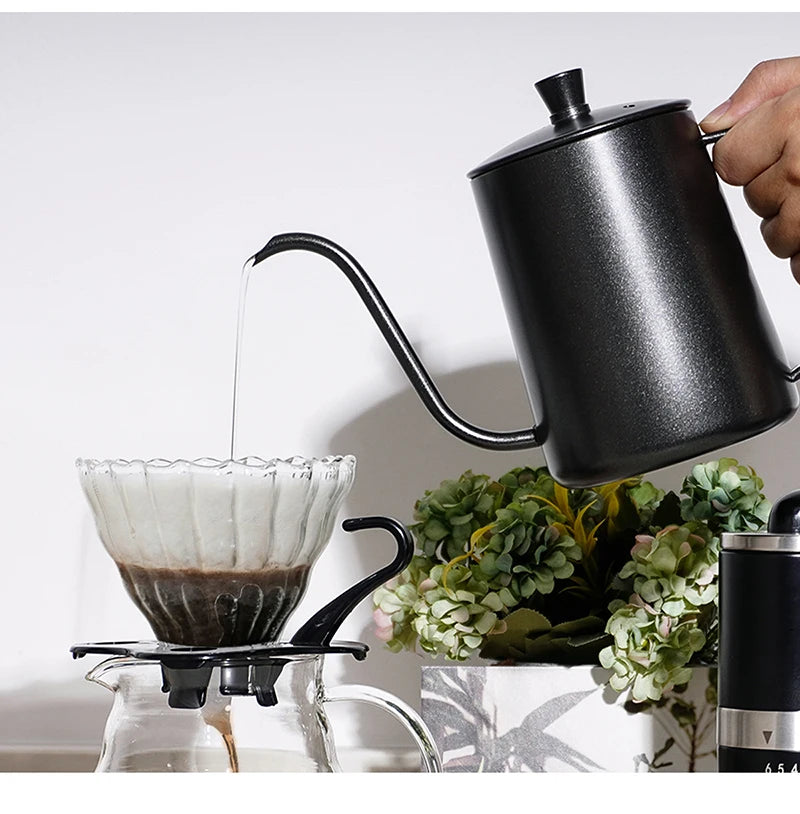 Chaleira de gotejamento de 350ml e 600ml, bule de café e chá, revestimento antiaderente, aço inoxidável de qualidade alimentar, chaleira de gotejamento com pescoço de cisne, boca fina
