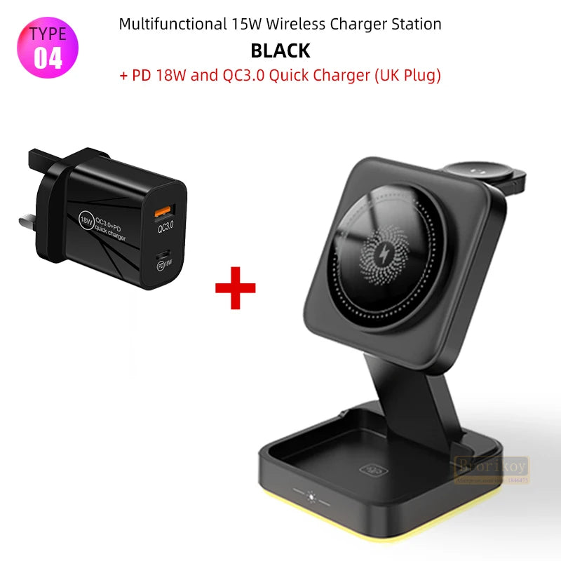 Suporte magnético dobrável 3 em 1 para carregador sem fio para iPhone 16, 15, 14, 13, 12, iWatch 9, AirPods 3 e 2, suporte para estação de carregamento rápido