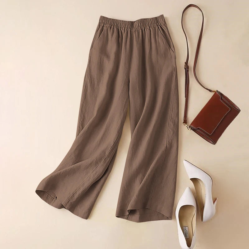 Calças femininas ZANZEA de verão com pernas largas, de algodão, para primavera, soltas, com cintura elástica, estilo palazzo, da moda 2023, lisas, casuais, compridas