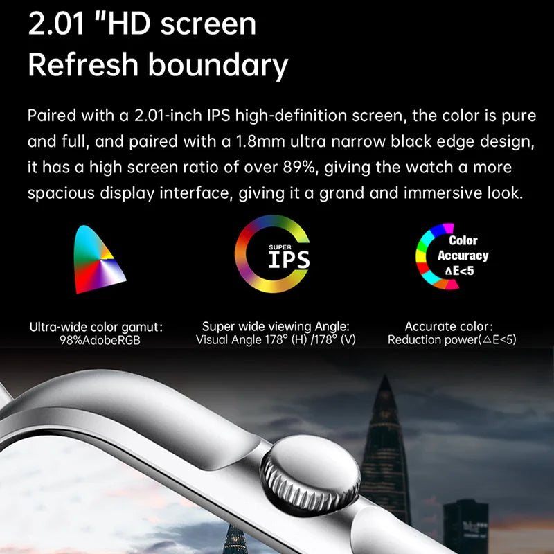 Relógio inteligente 2025 2.01'' Bluetooth com chamada, reprodução de música, relógio fitness esportivo à prova d'água para homens e mulheres, iPhone e Android