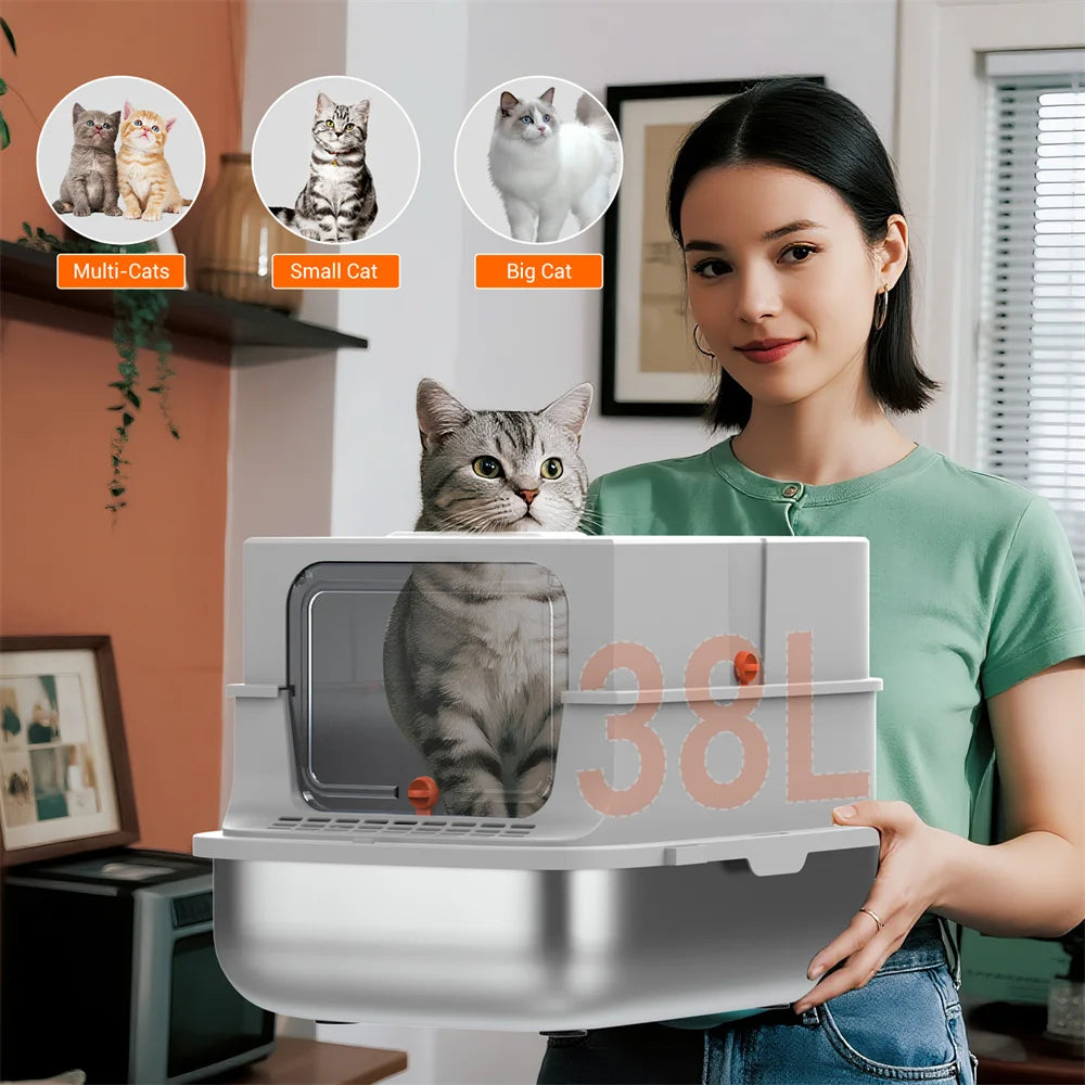 Caixa de areia para gatos de aço inoxidável com tampa, caixa de areia de metal extra grande para gatos grandes, com laterais altas e pá, fácil de limpar