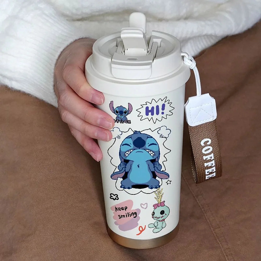 Copo térmico de canudo de anime Kawaii Stitch 600ml, copo térmico de desenho animado de aço inoxidável 304, garrafa térmica portátil com dupla função para água potável, presentes para meninos e meninas